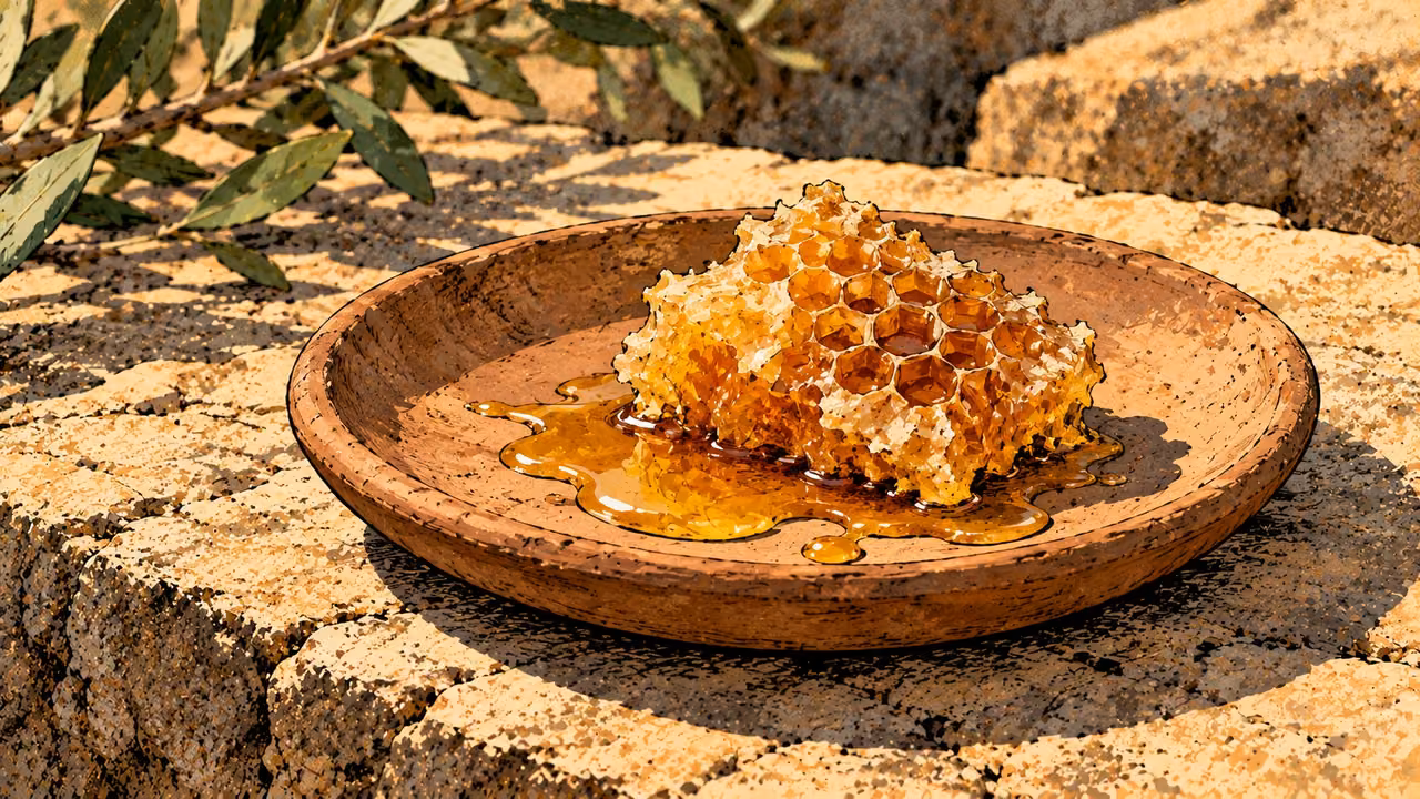 A broken piece of honeycomb rests in honey on a plain clay plate.