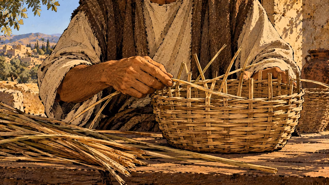 A worker weaves reeds into a basket, with the view focused on the hands.
