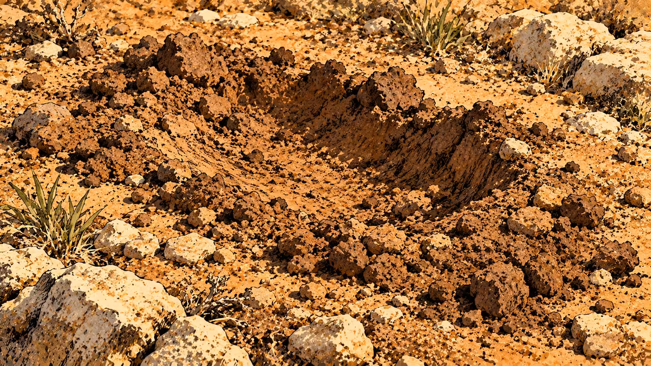 Loose disturbed earth surrounds an irregular shallow hollow.