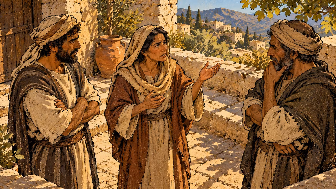 A woman speaks tensely while two neighbors hold guarded postures in a courtyard.