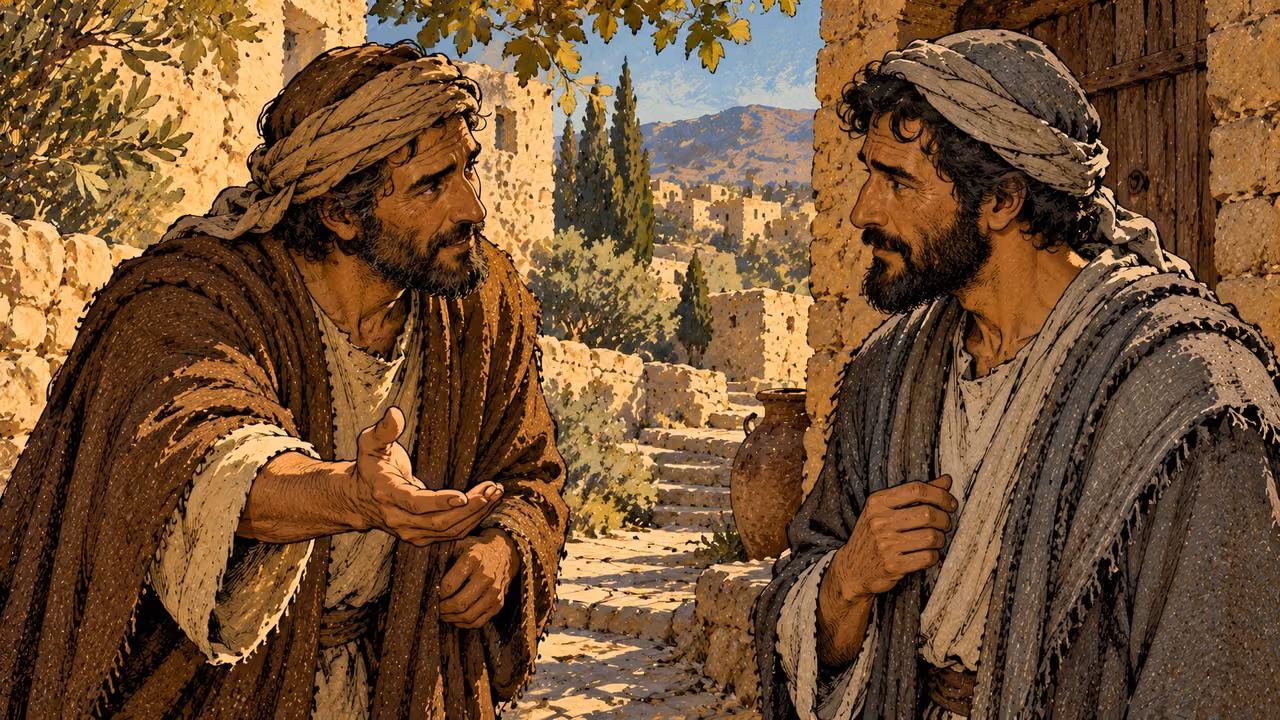 A brown-robed man beckons with an open palm toward a gray-robed neighbor.