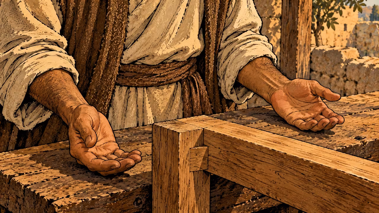 Open empty hands rest beside a sound fitted wooden joint on a rough workbench.