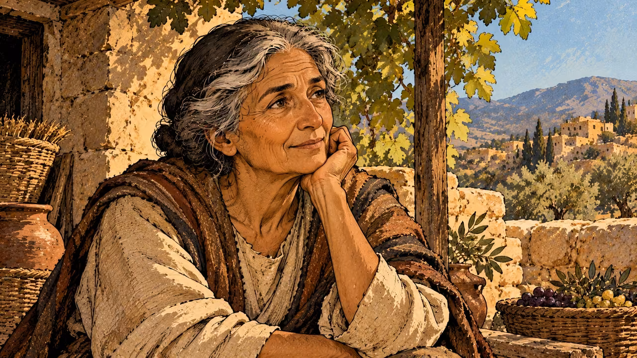 An elderly woman with uncovered gray hair looks quietly attentive.