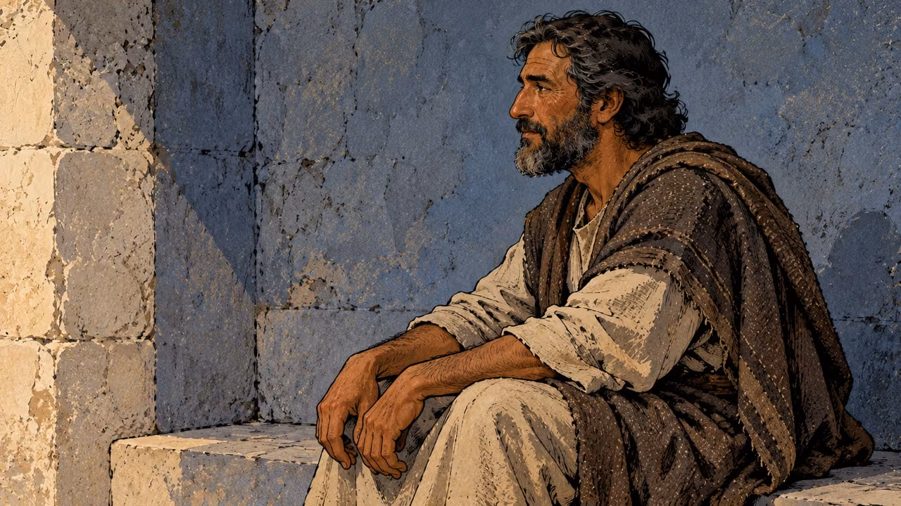 A man sits composed in cool shade with relaxed hands low on his knees.
