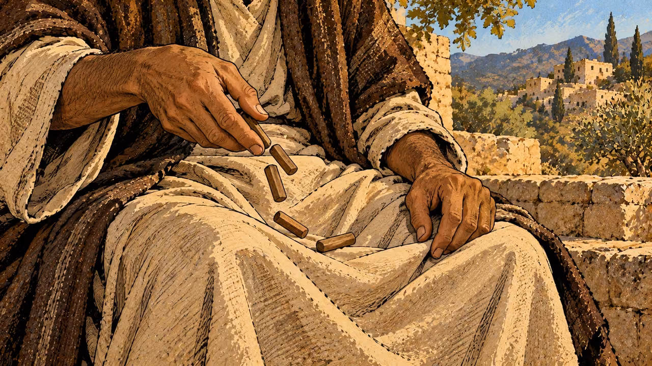 A hand releases plain wooden lots into a fold of a clothed lap.
