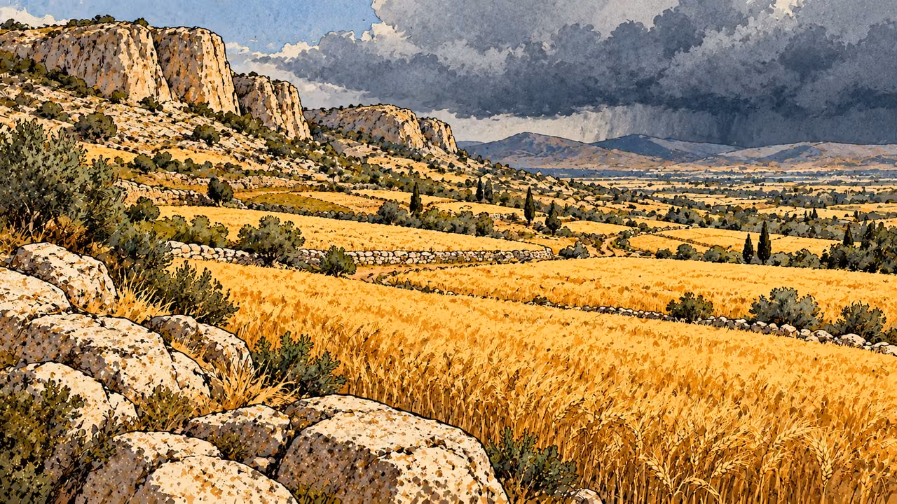 Gathering gray clouds hang beyond rocky heights and cultivated grain fields.
