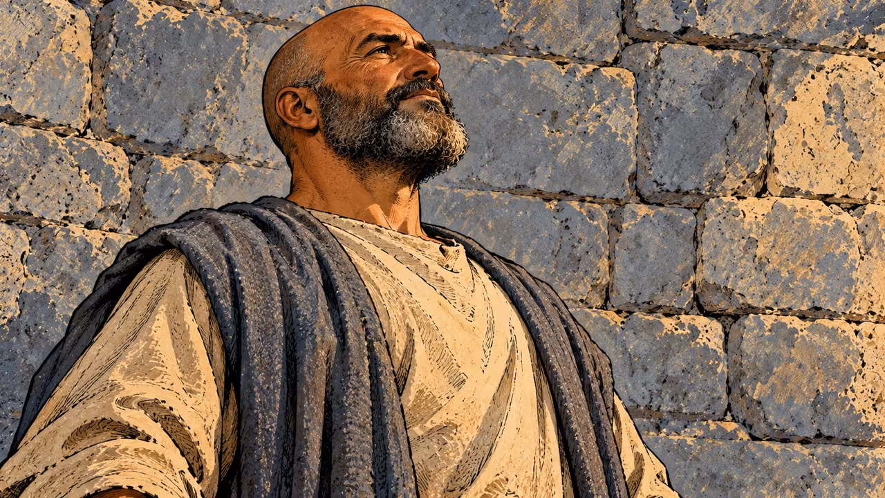A man lifts his chin and holds his shoulders grandly upright against a stone wall.