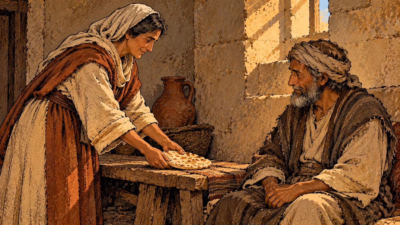 A woman sets flatbread within reach of an older man seated quietly beside her.