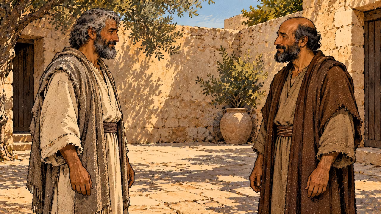 Two mature men face each other peacefully across a courtyard gap with empty hands lowered.