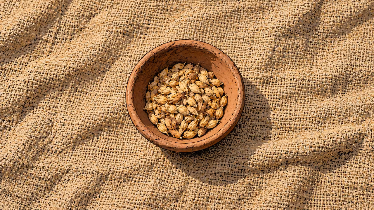 A small clay bowl holds a modest measure of barley on coarse cloth.