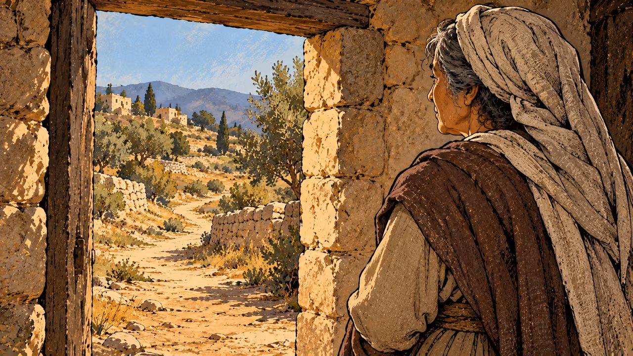 An older woman looks thoughtfully along a path through a stone doorway.