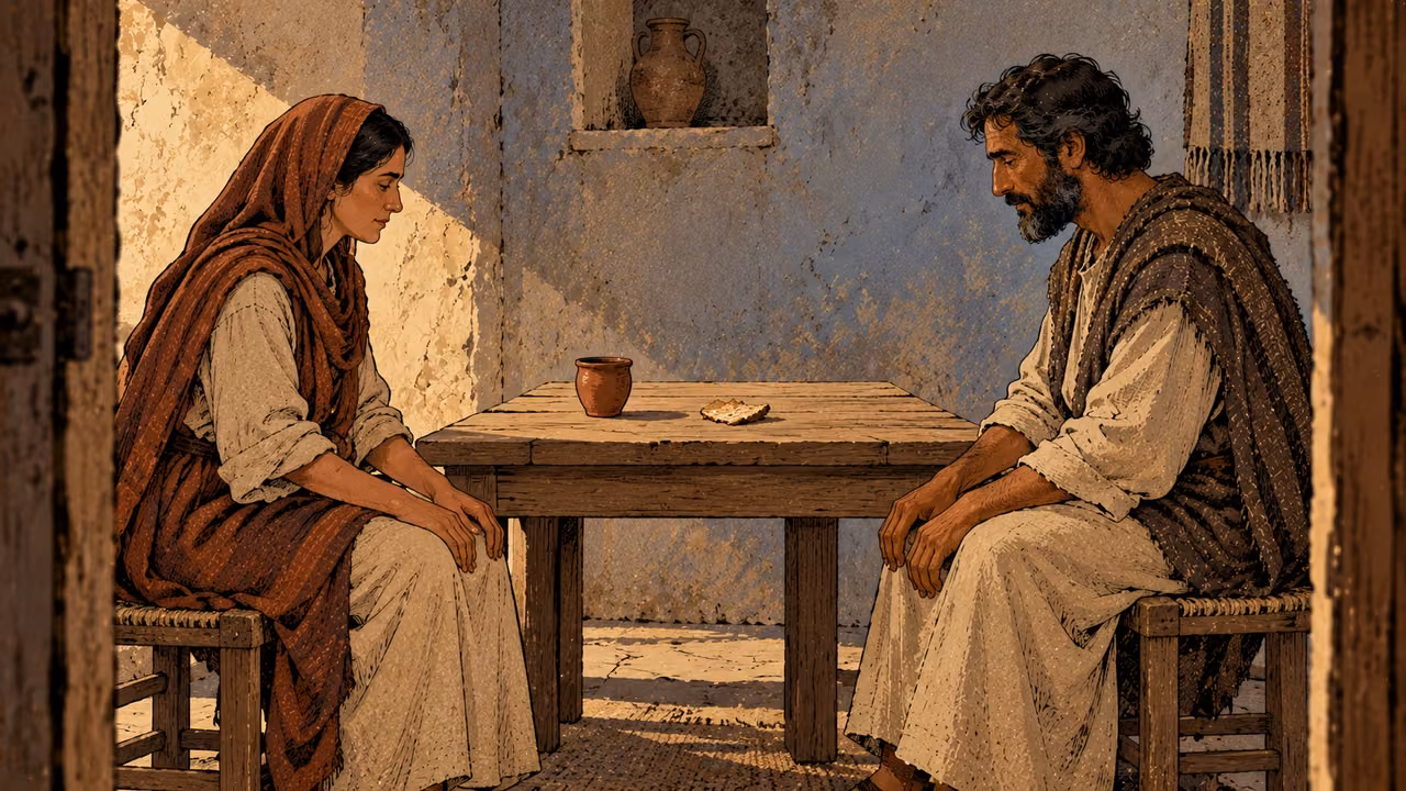 Two adults sit quietly beside a small dry crust and a clay cup on a plain table.