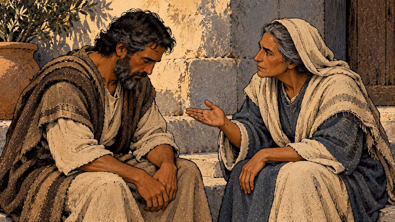 An older woman offers firm correction with an open palm while a man sits with lowered eyes.