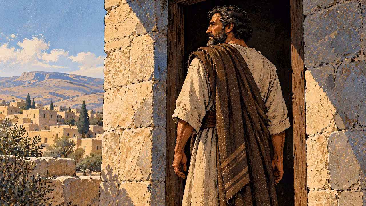 A man stands stiffly in a dark doorway with his chin turned and empty hands lowered.