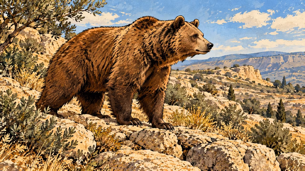 An alert brown bear stands on a rocky hillside above a broad landscape.