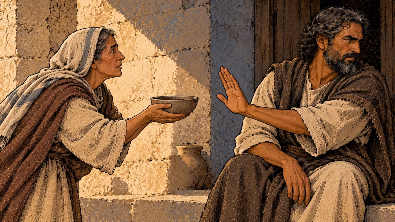 An older woman offers a bowl while a man turns away with a harsh raised palm.