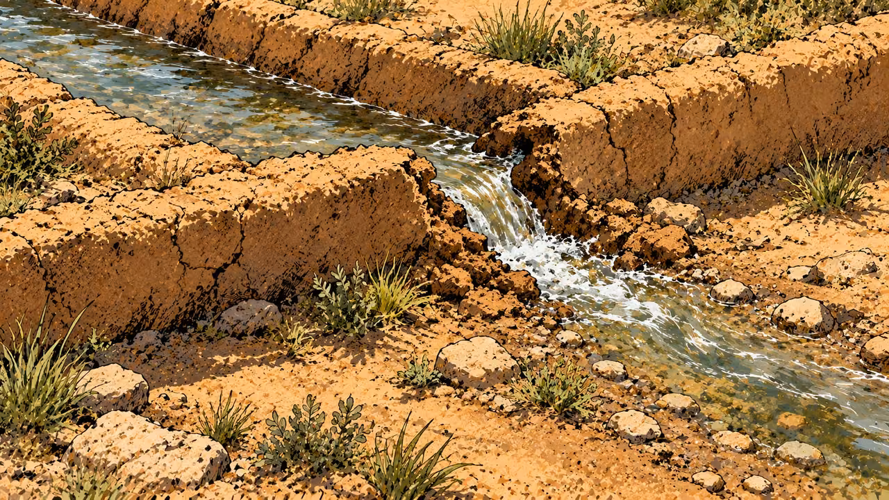 Water flows through a small opening in an earthen irrigation channel.