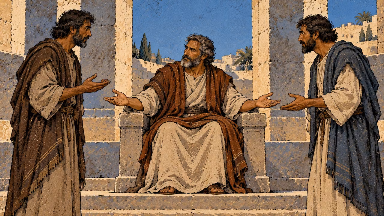 A seated judge faces two standing men with open hands in an ordinary court.