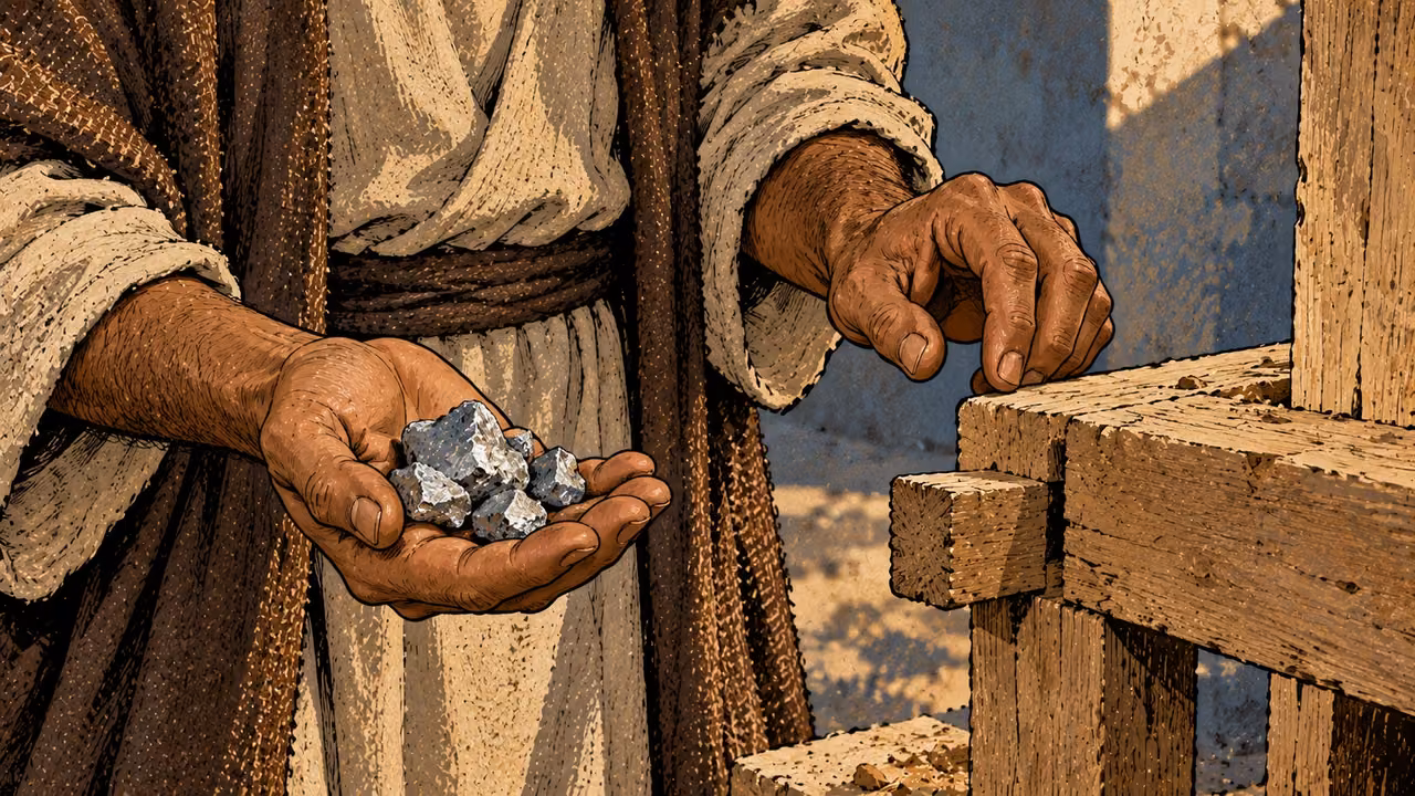 A palm holds rough silver beside a poorly fitted wooden joint.
