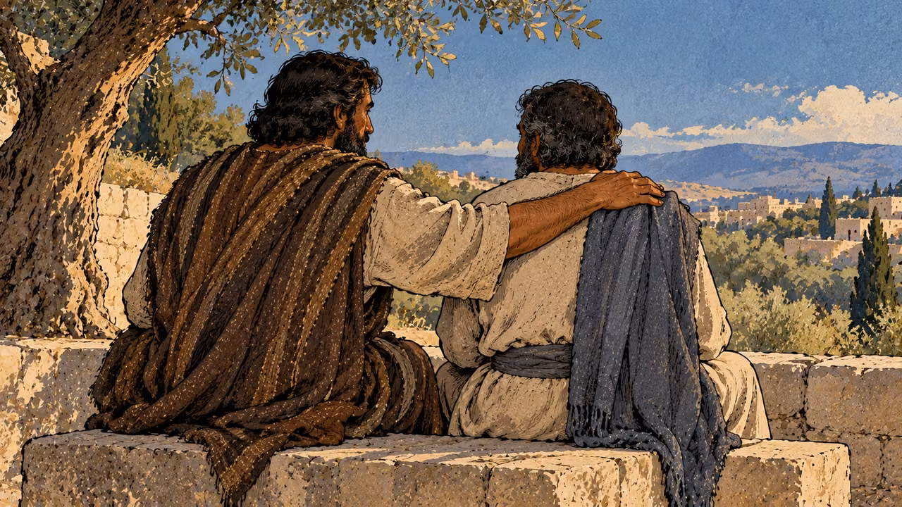 Two men sit together in afternoon shade, one resting a hand on the other’s shoulder.