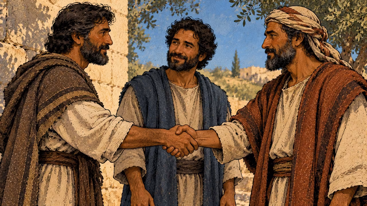 Two men clasp right hands in a pledge gesture while a third man stands nearby.