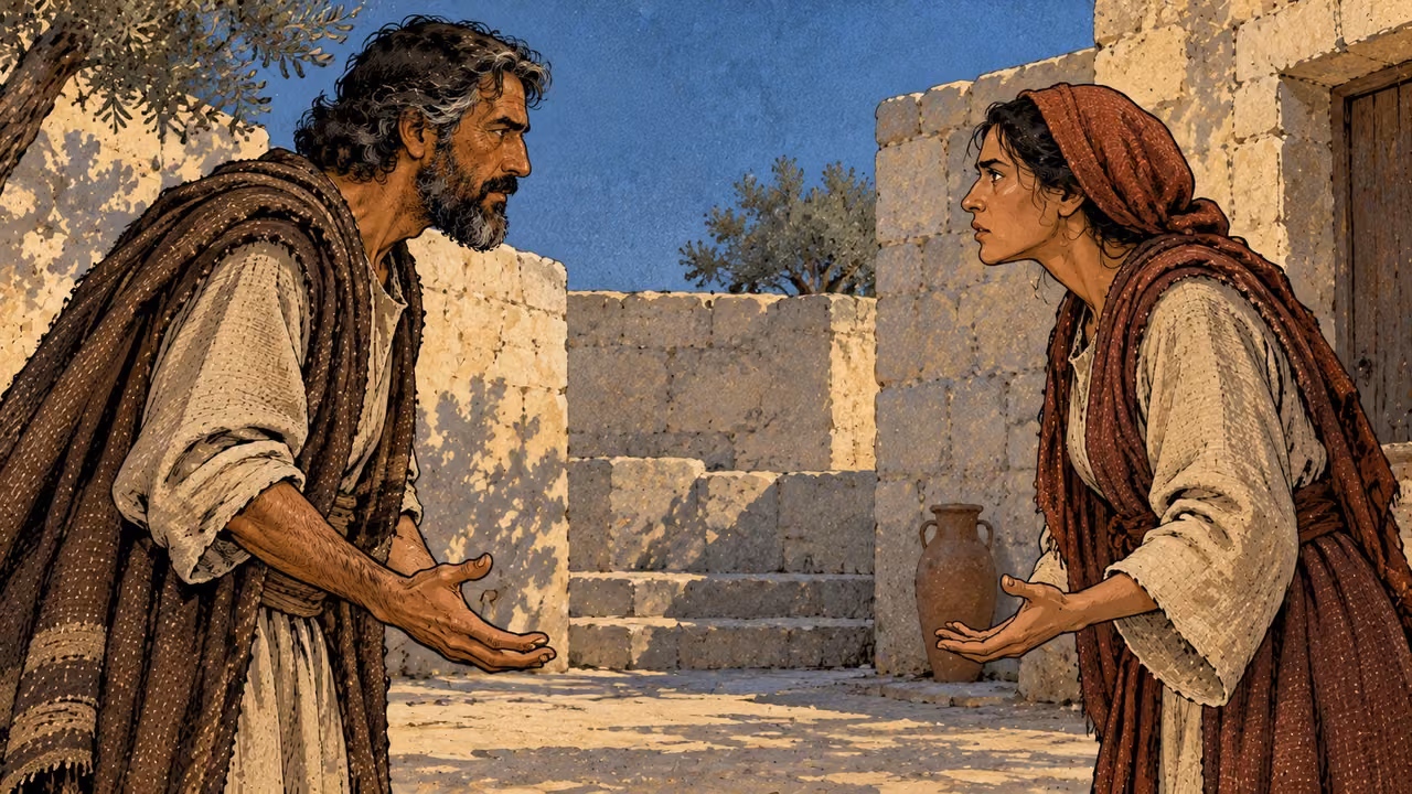 Two adults face each other tensely across a courtyard gap with low open hands.