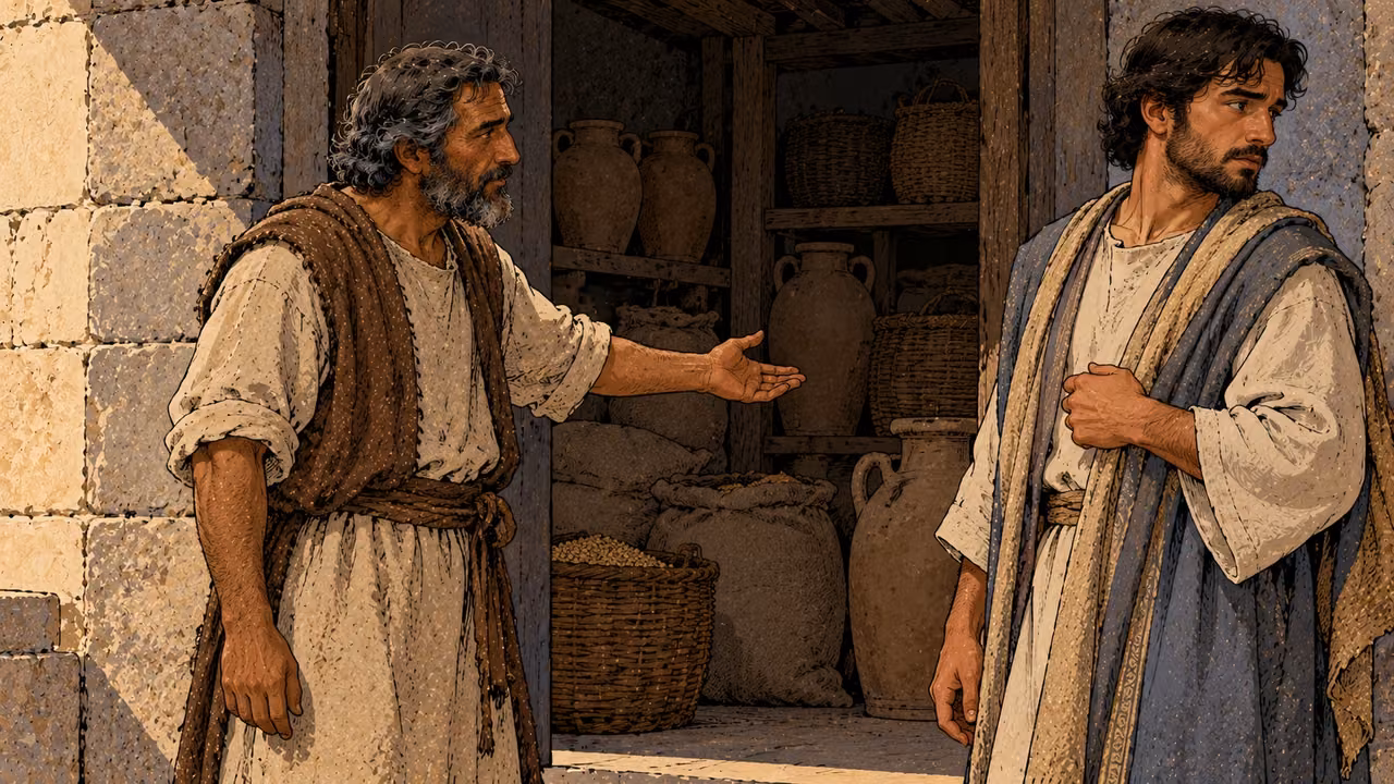 A plainly clothed household worker gives calm direction while a finely clothed adult son looks away.