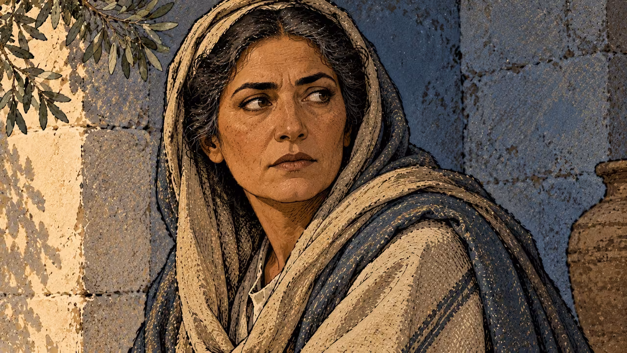 A woman looks sidelong with a guarded expression and closed lips.