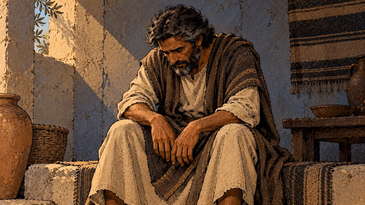 A man sits alone with bowed head and heavy hands resting on his knees.