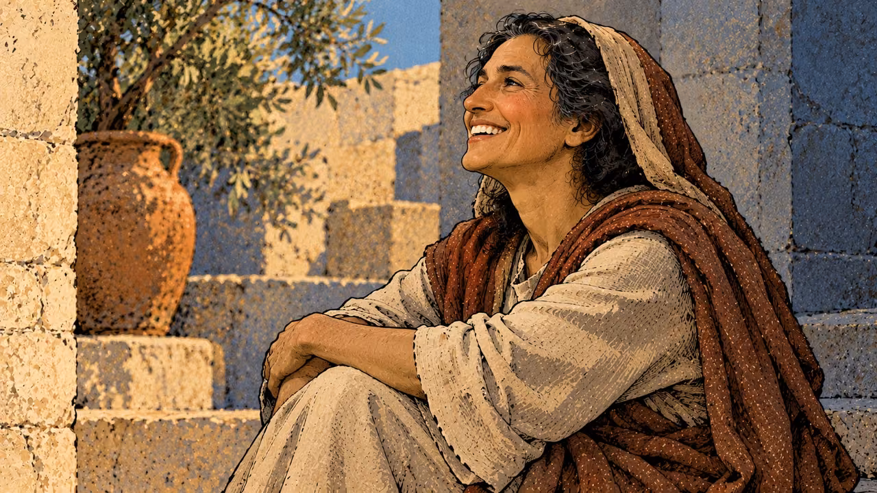 A woman sits upright with a bright joyful face in ordinary daylight.