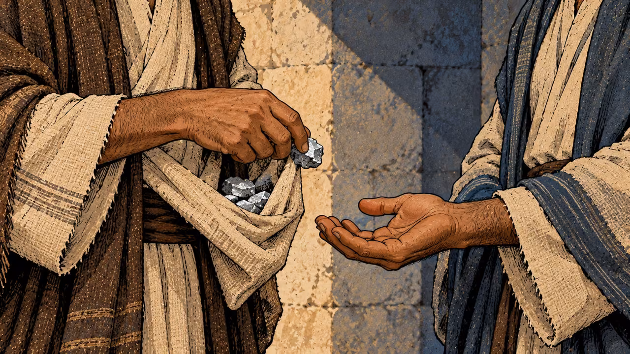 A hand draws rough silver from a fold of clothing toward another adult’s waiting palm.