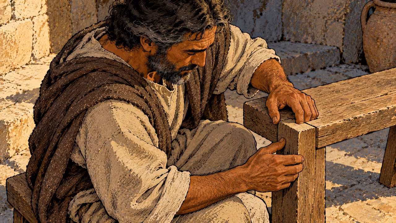 A man attends closely to a sound fitted wooden joint at a plain bench.
