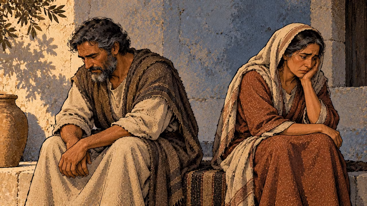 An older man and woman sit apart on a bench with sorrowful faces.