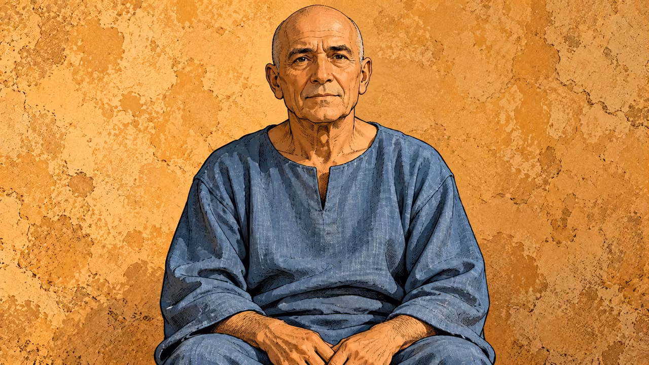 A bald older man sits composed with closed lips and empty hands low in his lap.