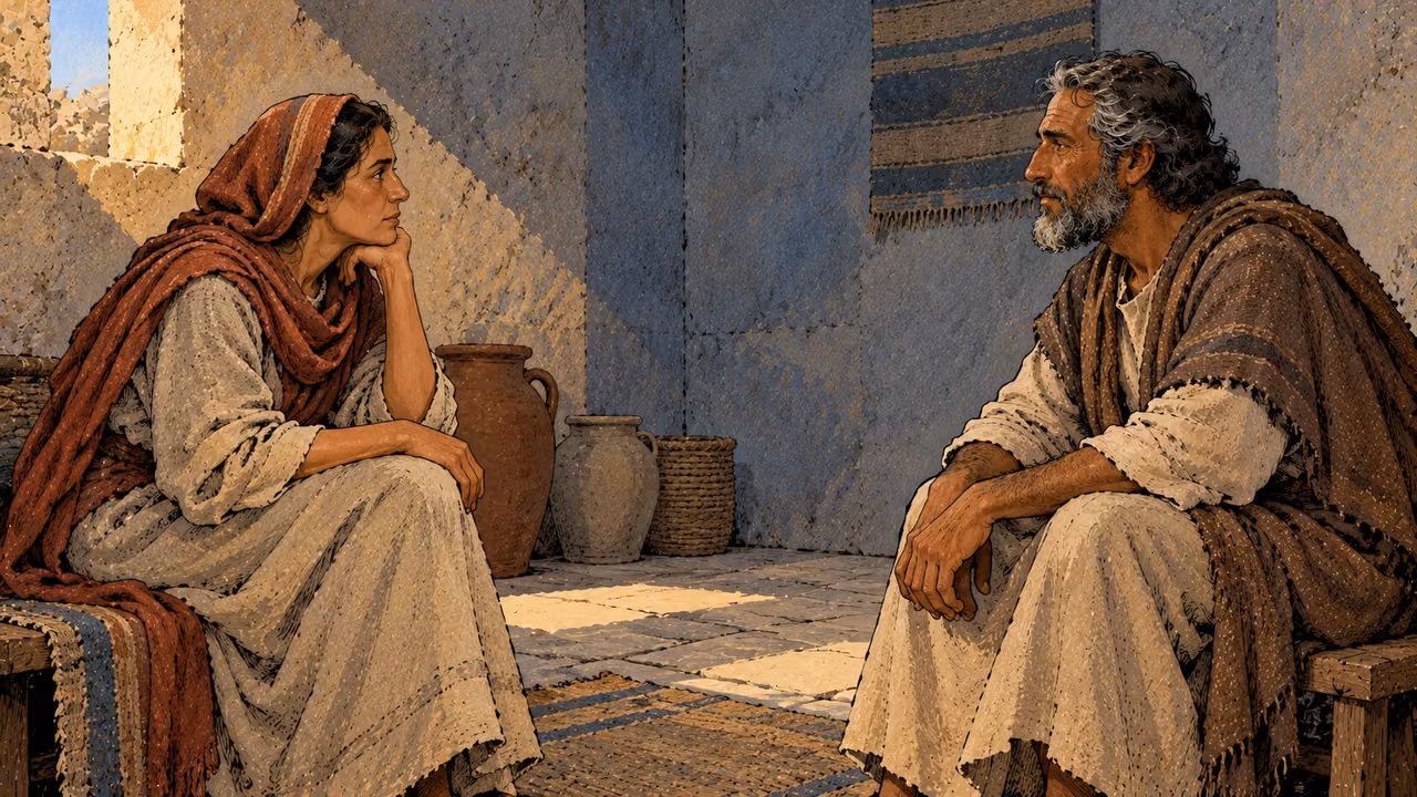A woman rests her chin on one hand and listens silently across a sunlit room to an older man.