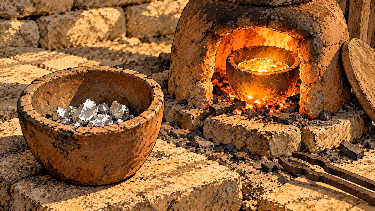 A clay crucible holds silver beside a small glowing furnace with heated gold.