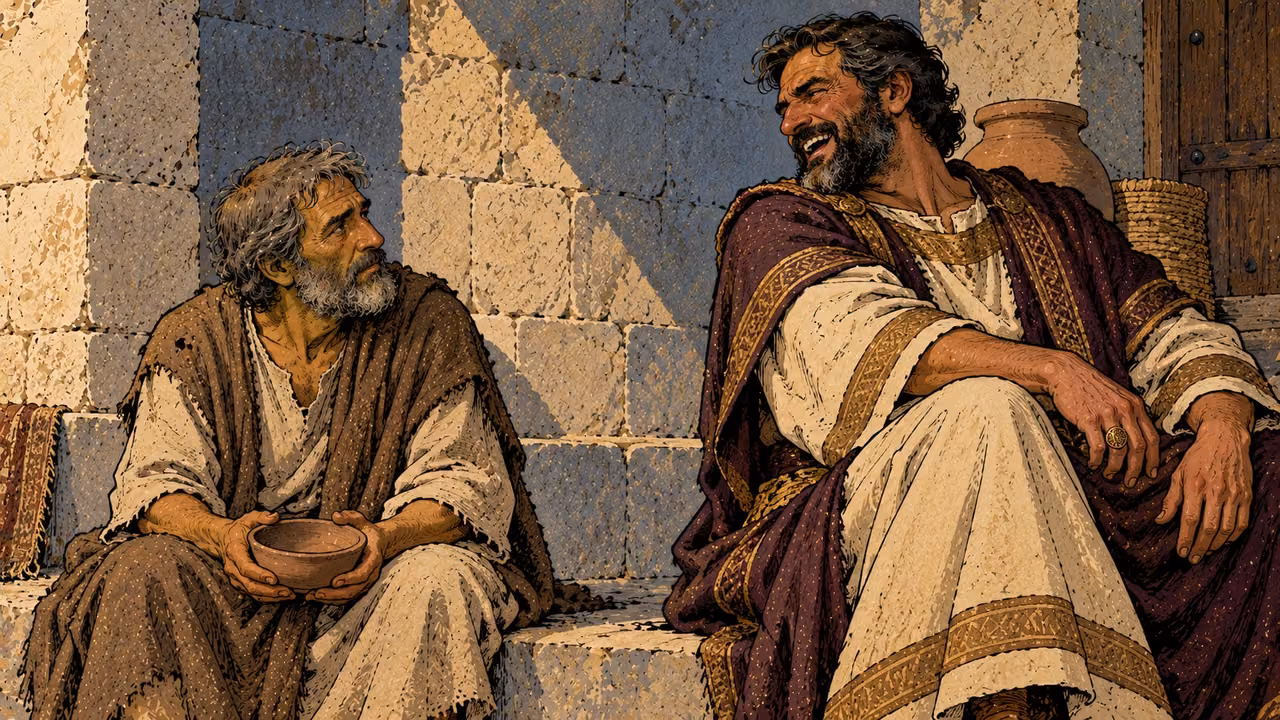 A finely clothed man laughs toward an older man holding an empty bowl.