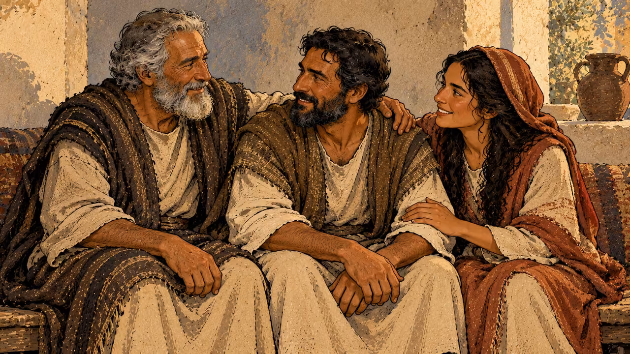 An elderly man, a mature man and a young adult woman sit close together with affectionate attention.