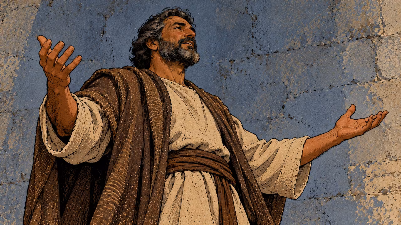 A man raises his chin and spreads both empty hands while speaking grandly.