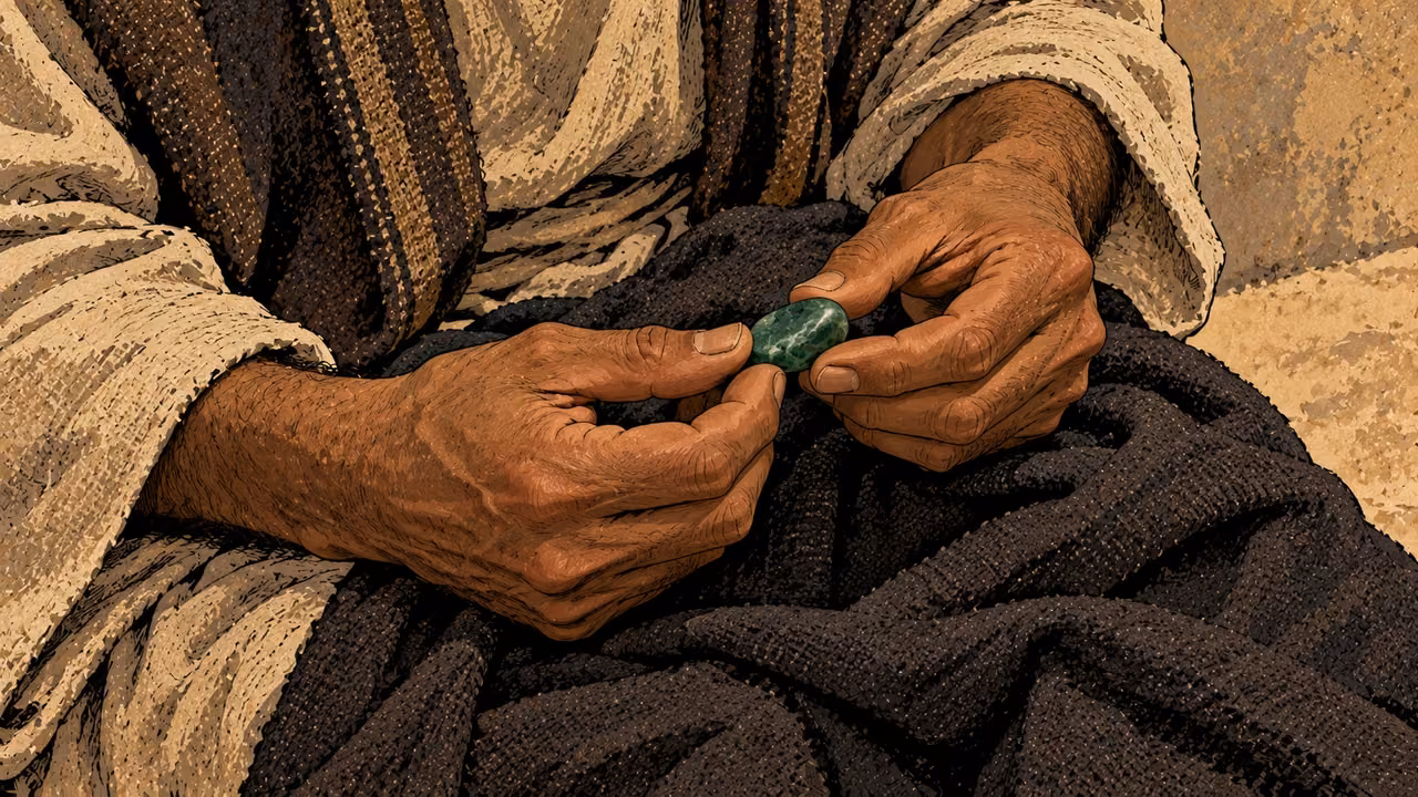 Two hands turn a small polished green stone over dark cloth.