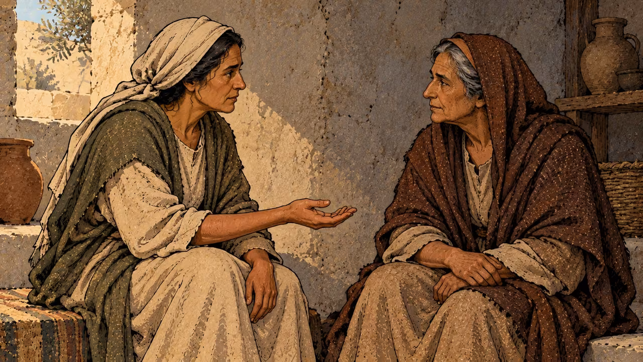 A woman offers a restrained open palm to an older woman seated quietly opposite her.