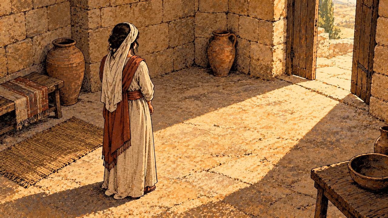 A woman stands alone across an empty stone floor from an open sunlit doorway.