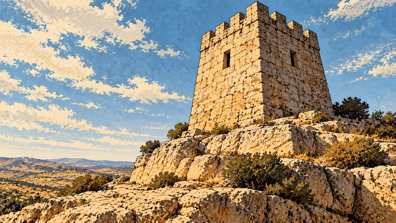 A strong stone tower stands on a rocky height above distant hills.