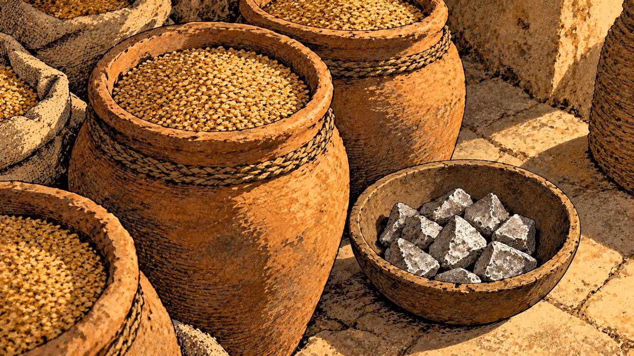 Full grain jars stand beside a shallow bowl of rough silver pieces.