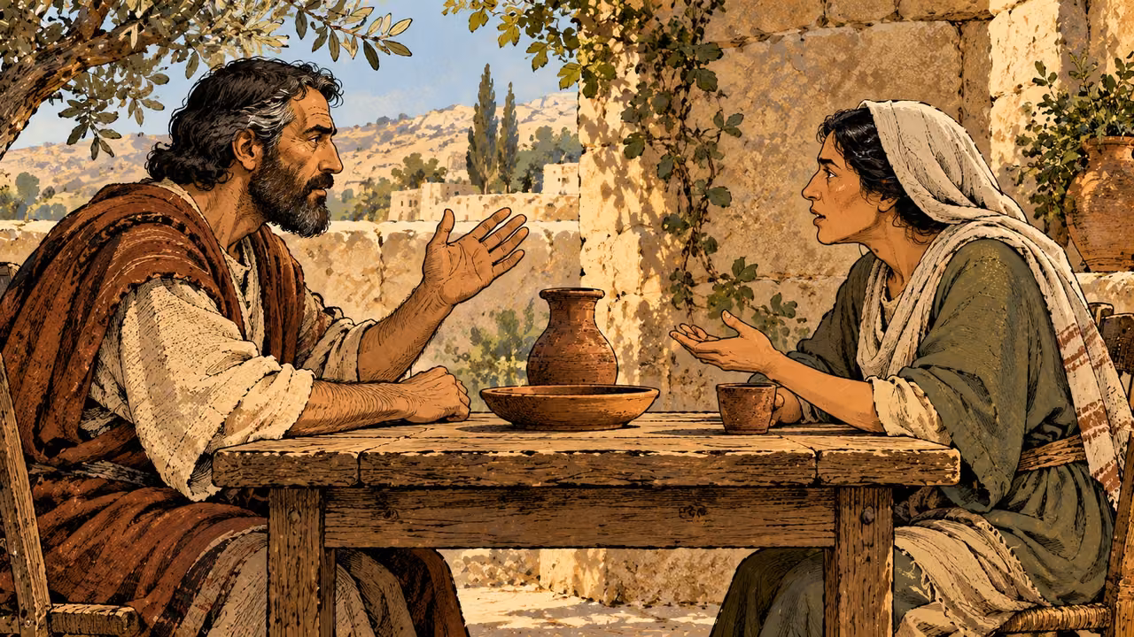 A man raises an open hand across a table while a woman continues speaking with her palm up.