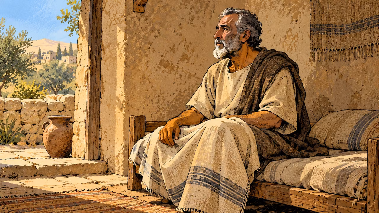An older man sits upright on a low bed with a linen covering across his lap.