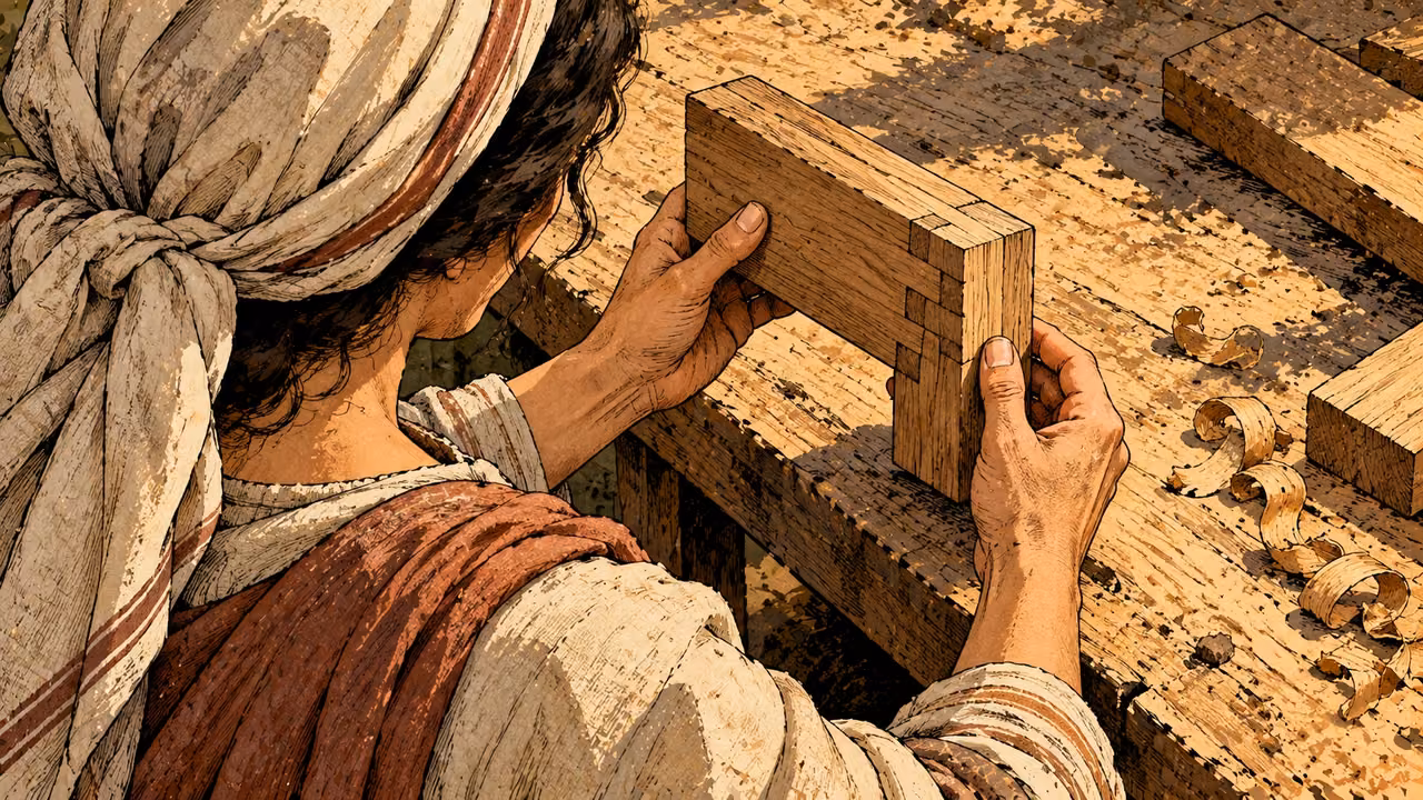 A woman closely examines a fitted wooden corner with both hands.