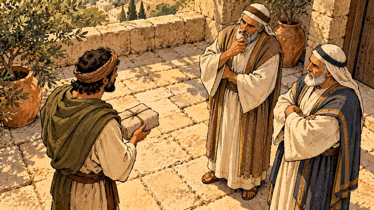 A man holds a plain wrapped gift before two older men across an open courtyard space.