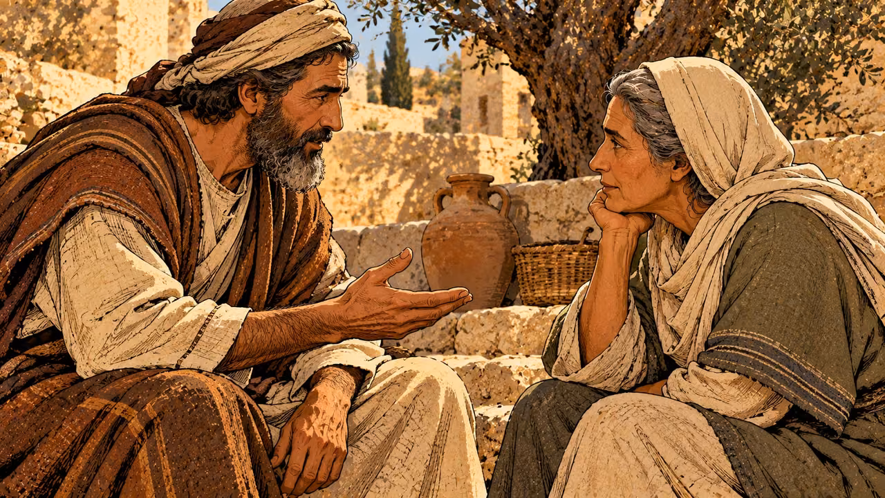 A man presents a matter with an open palm while an older woman listens closely.