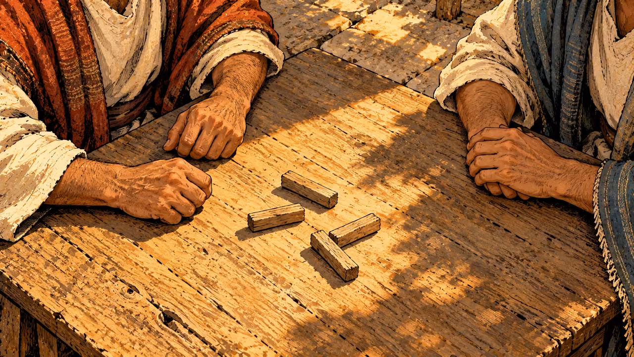 Plain wooden lots lie on a table between two adults’ resting hands.
